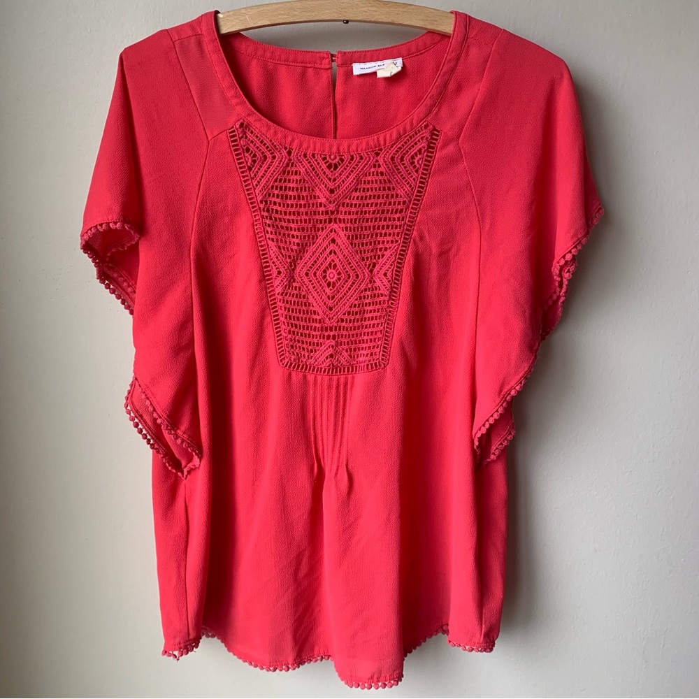 Anthro Meadow Rue pom hem crochet front top